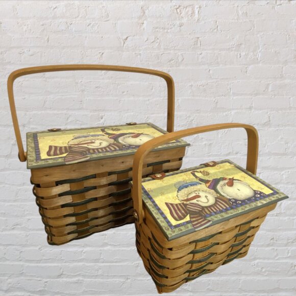 NEW CHRISTMAS BASKETS -- Nested Baskets, Snowmen, Wicker, Pressboard Lid, Set-2 - Picture 13 of 16